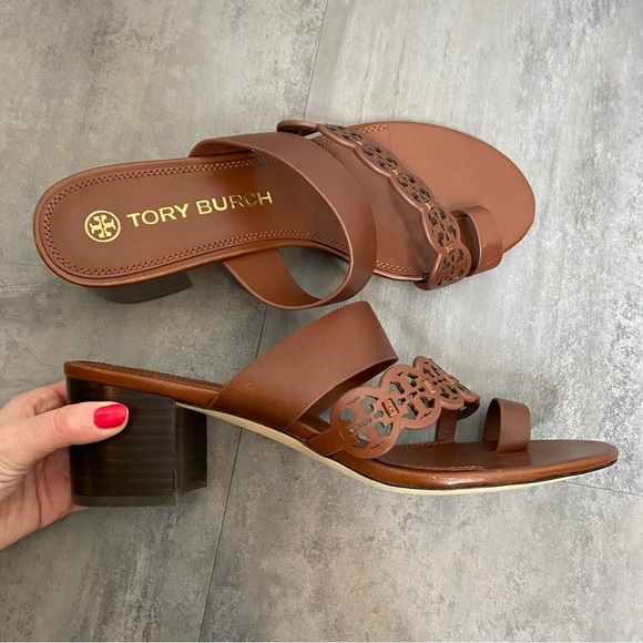 Tory Burch Tiny Miller Leather Toe Ring High Block Sandals Size 10.5 Brown - Picture 6 of 9
